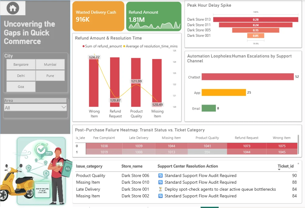 Power BI dashboard page showing refund amounts, resolution times and peak-hour delay spikes